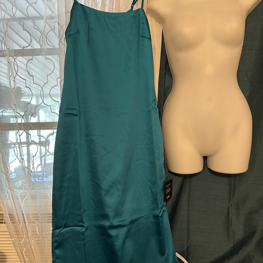 Lulu's Teal Maxi Dress with side slit and adjustable straps. Lined. - Picture 5 of 11